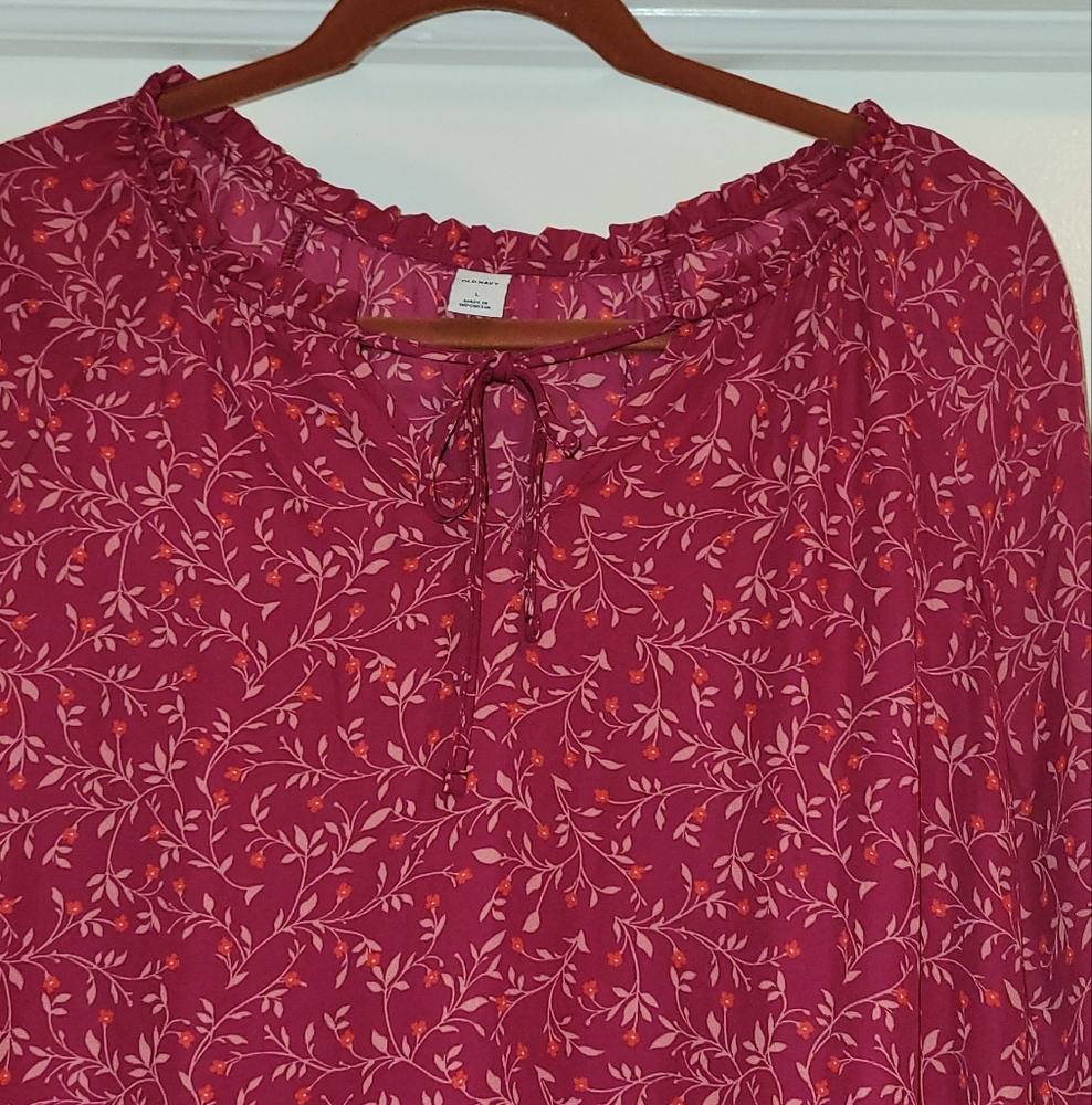 Old Navy Top Sze L Red Pink Floral BoHo Ruffle Peasant Blouse Puff Long Sleeve